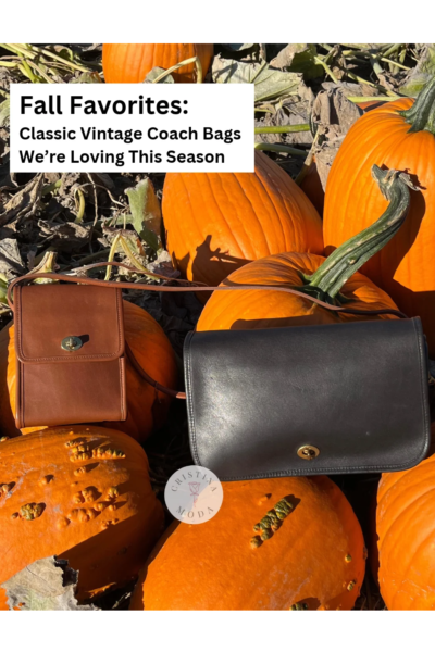Scooter Bag and Convertible Clutch next to each other, among pumpkins with text overlay that says "Fall Favorites: Classic Vintage Coach Bags We're Loving This Season"