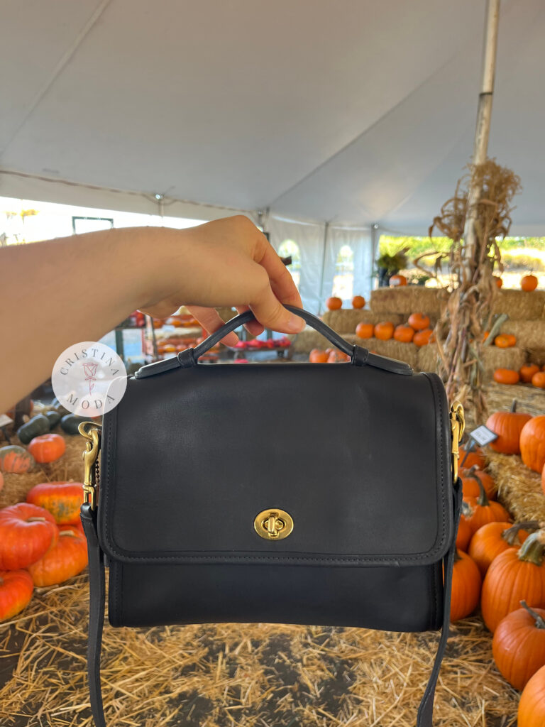 vintage coach court bag in navy leather among pumpkins
