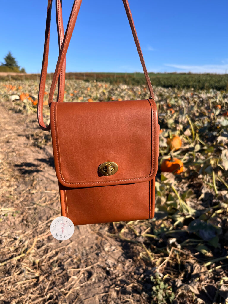 vintage coach scooter back in british tan leather in front of flower field