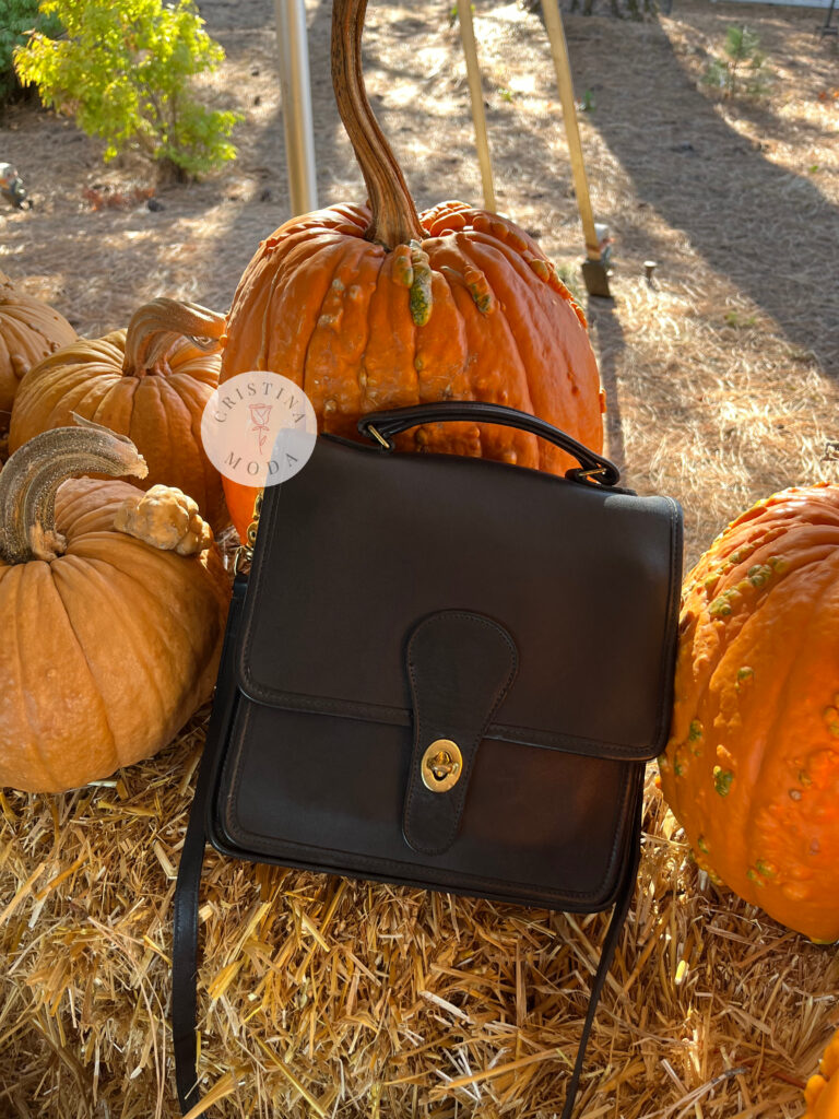 vintage coach station bag in black leather among pumpkins