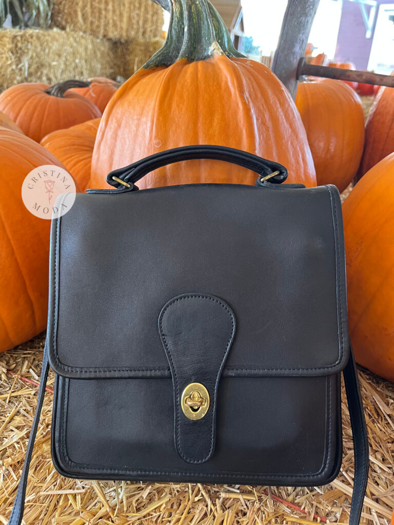 vintage coach station bag in black leather among pumpkins