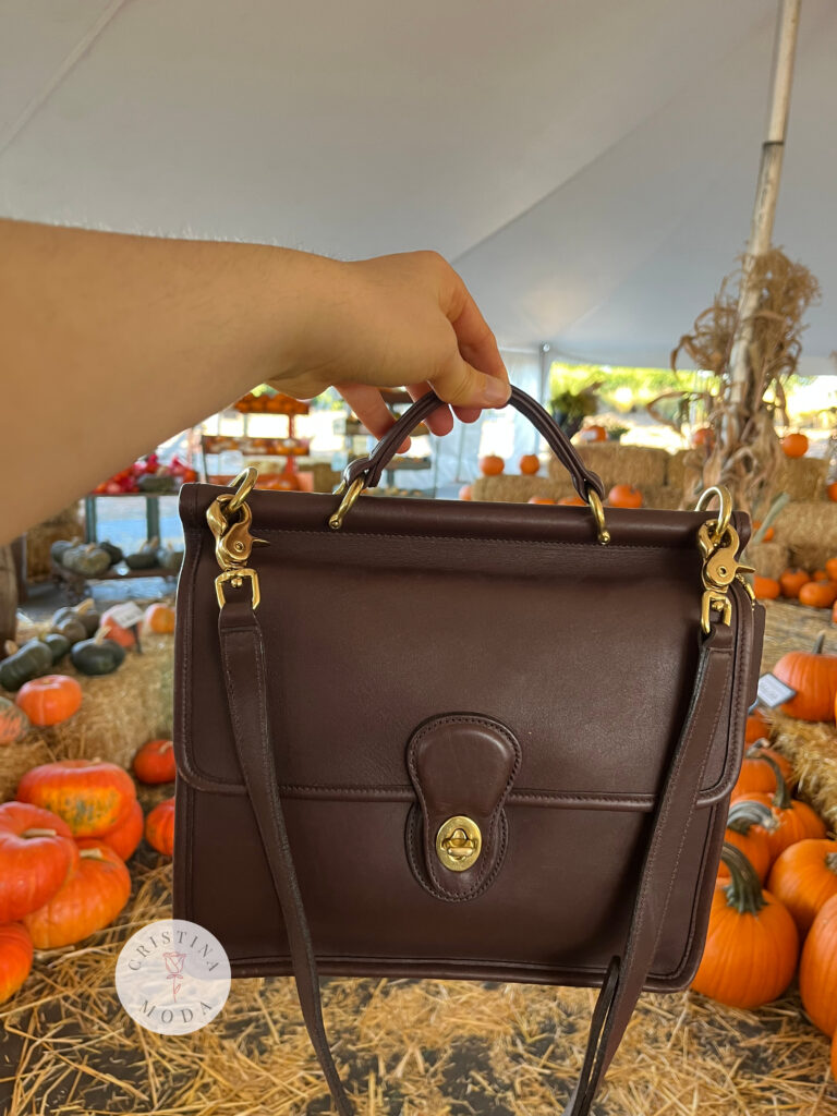 vintage coach willis bag in brown leather among pumpkins