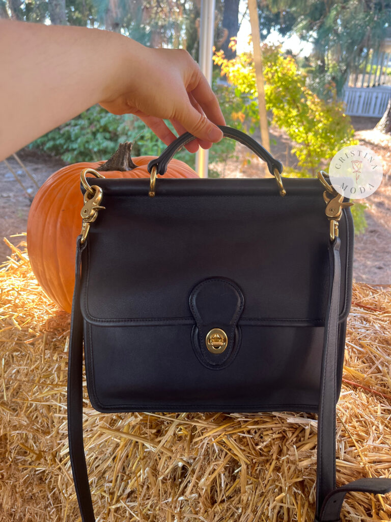 vintage coach willis bag in navy leather among pumpkins